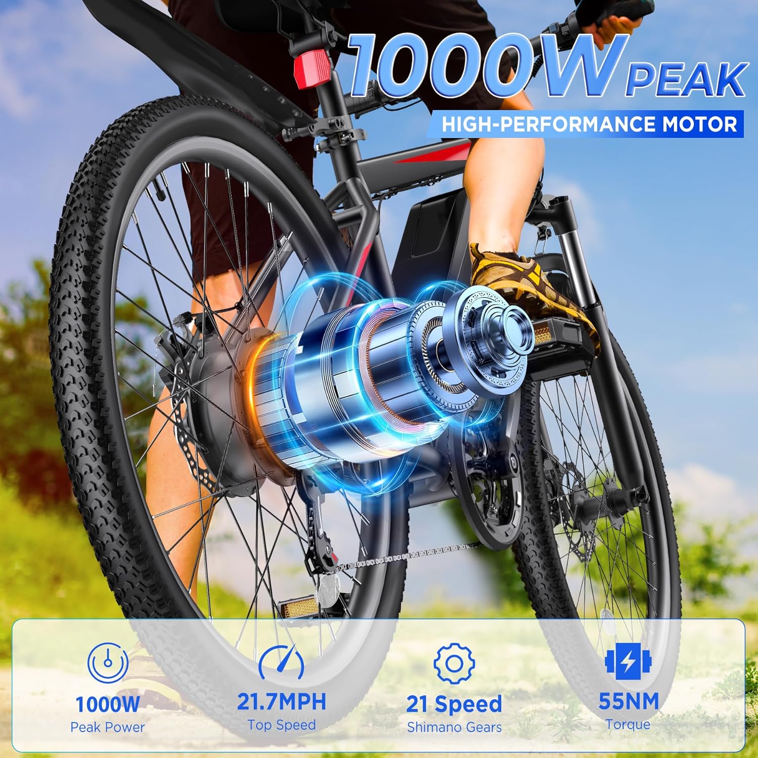 Funhang Electric Bike for Adults, 26'' 1000W Peak Ebike view 5