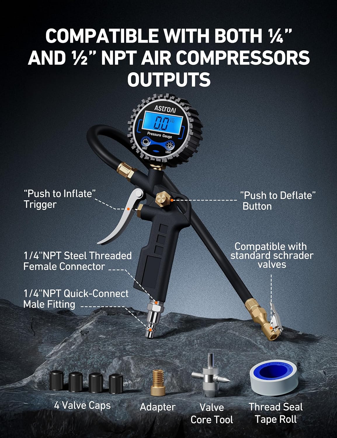 AstroAI Digital Tire Pressure Gauge with Inflator, 3-250 PSI